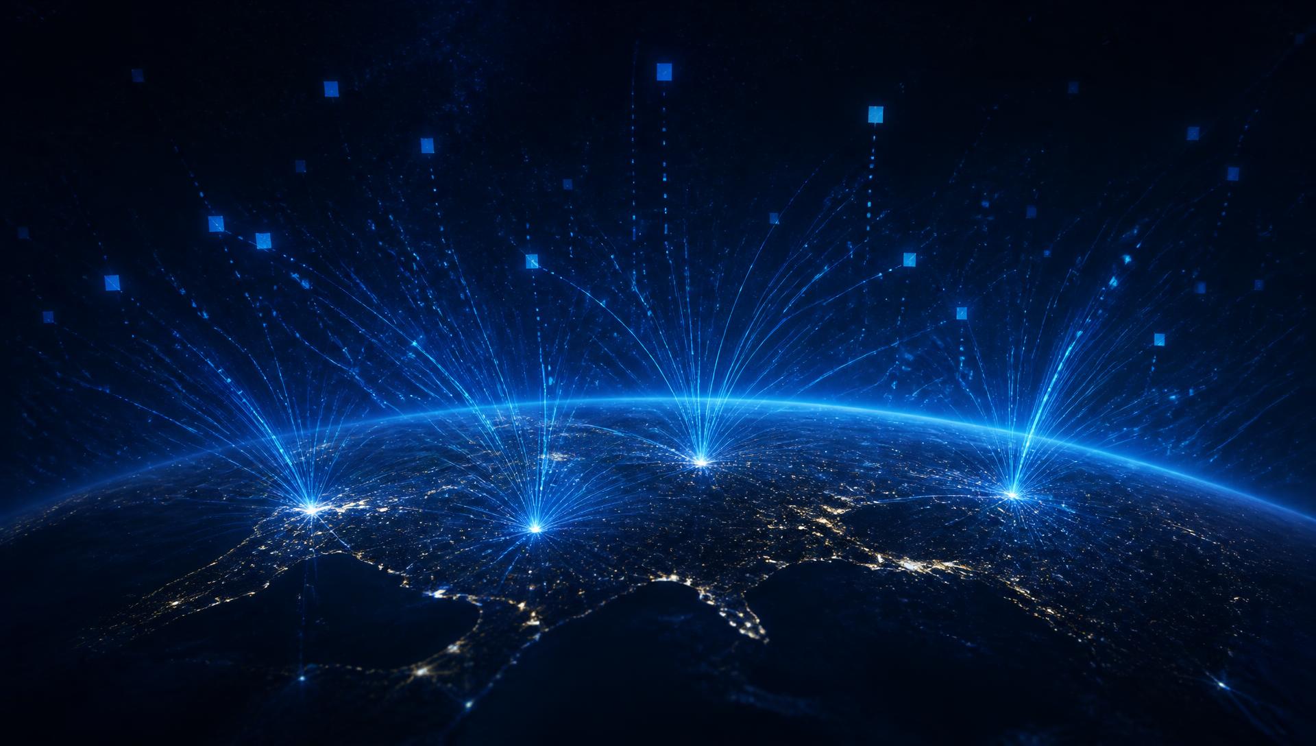 Earth at night with glowing energy network streams